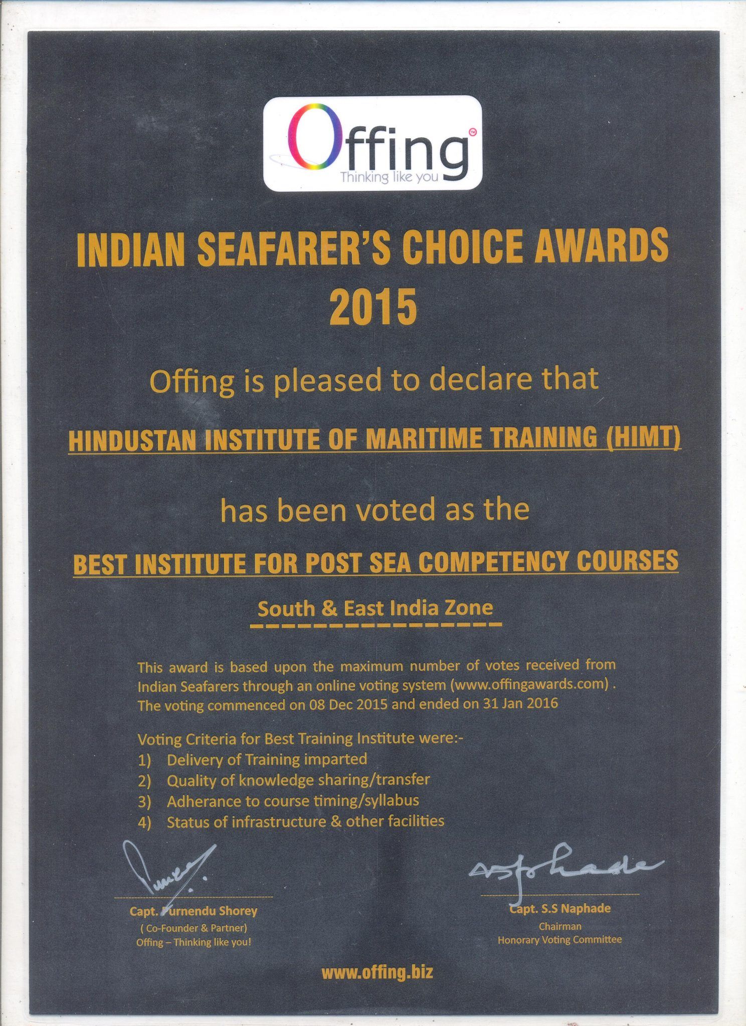 Seafarer Choice Awards 2015 Certificate