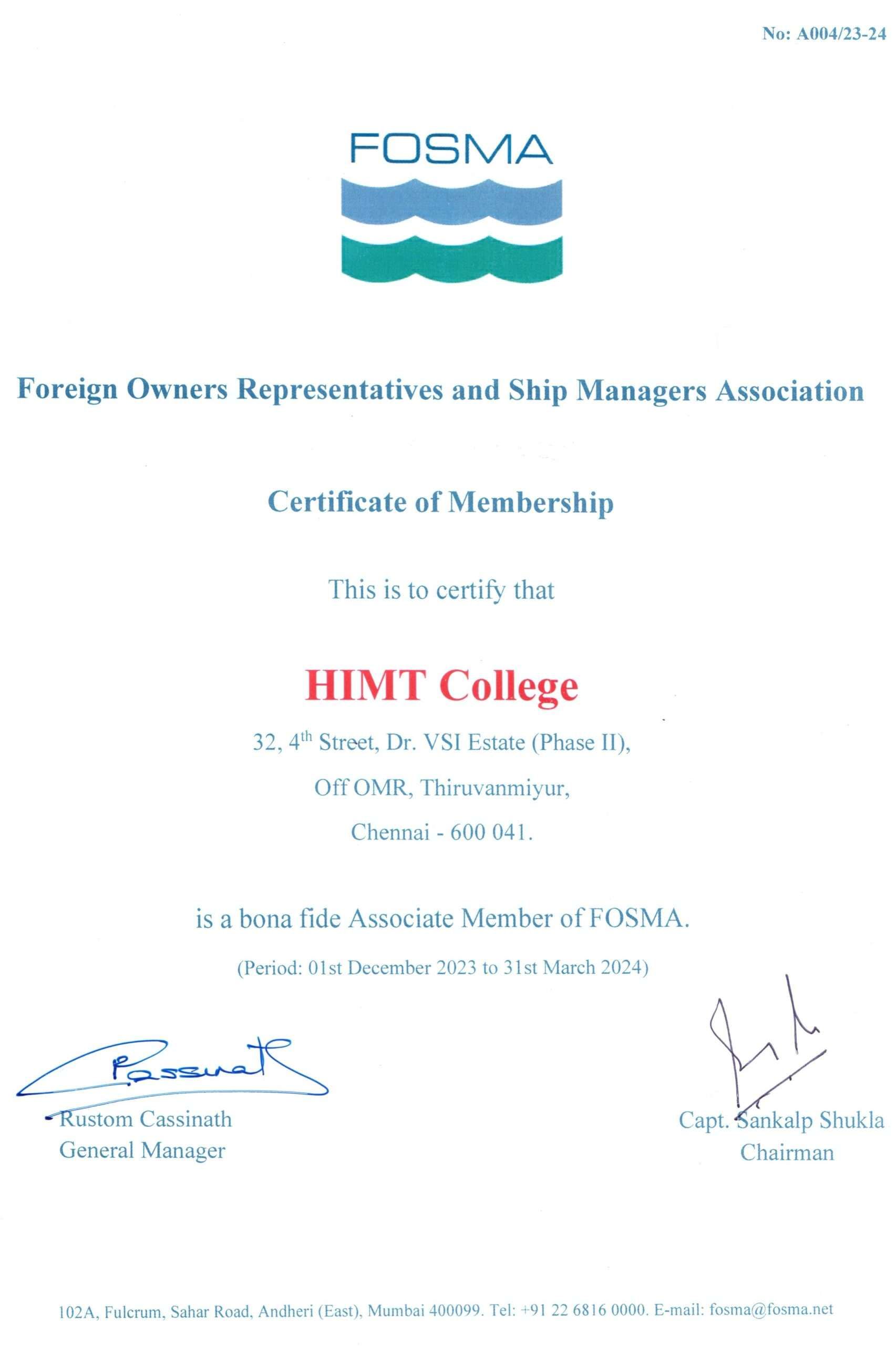 FOSMA Membership Certificate