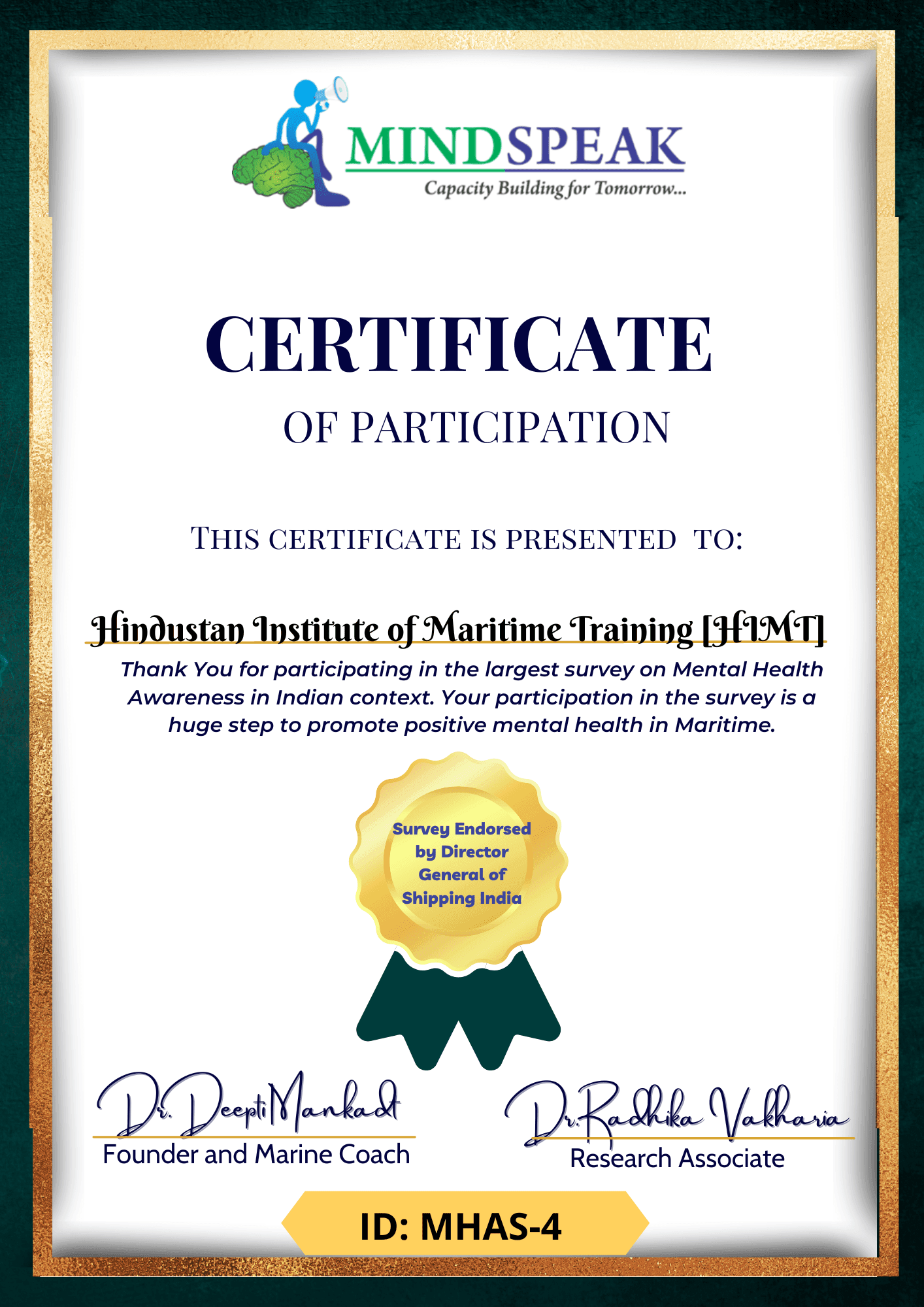Mental Health Survey Certificate
