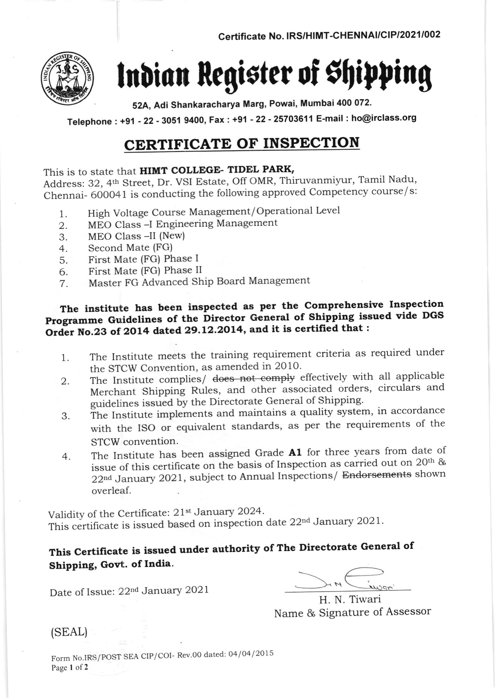 IRS Grade A1 Certificate OMR